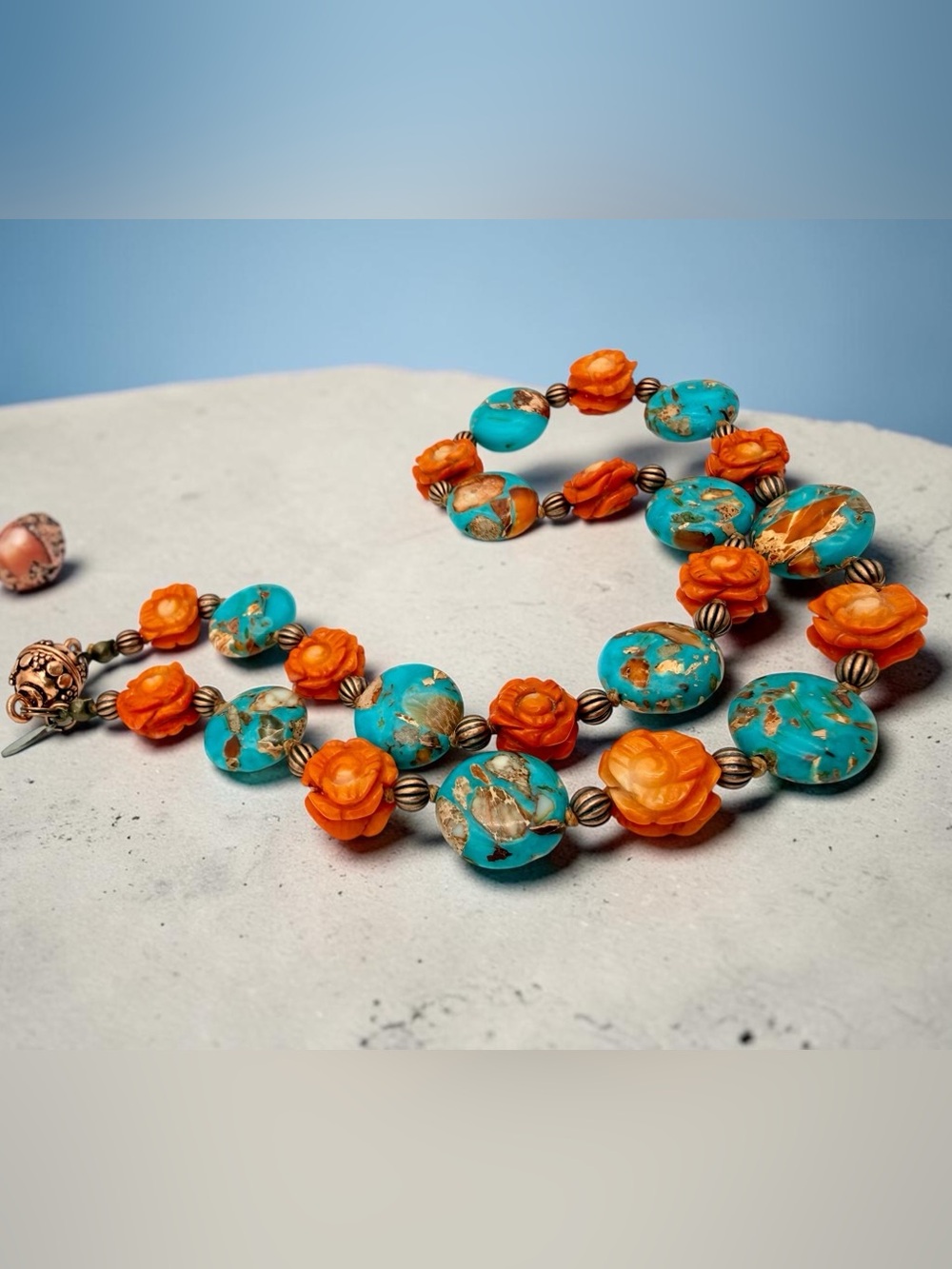Artisan Hand Knotted Emperor Jasper Carved Coral floral bead Copper Necklace 18” - Picture 14 of 17